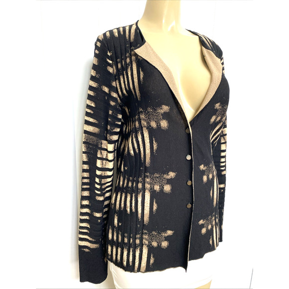 Aldomartins Blazer Jacket Cardigan Knit Long Sleeve Black Brown Striped Button M - Picture 2 of 7